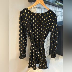 Excellent condition, mini dress with long sleeves, black with gold polka dots.